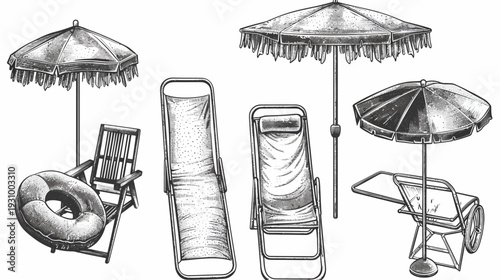 Vintage-style illustration of beach essentials umbrellas, loungers, a float