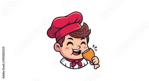 Cartoon Chef Eating Fried Chicken Leg.
