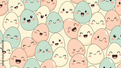 Seamless pattern with cute colorful eggs having different funny facial expressions for easter holiday decoration.