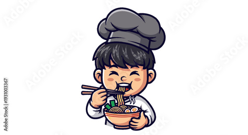 Cartoon Chef Eating Noodle Soup.