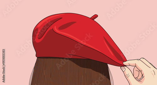 A hand adjusts a red cap on a person's head from behind, illustration, close-up view