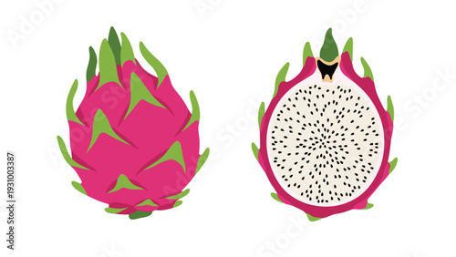 Whole pink dragon fruit and a half slice showing white flesh and black seeds isolated on white background.