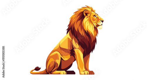 A majestic lion sits serenely in a vector illustration on a clean background from a side viewpoint