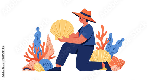 A person kneeling on the ocean floor surrounded by coral and seashells holding a large seashell