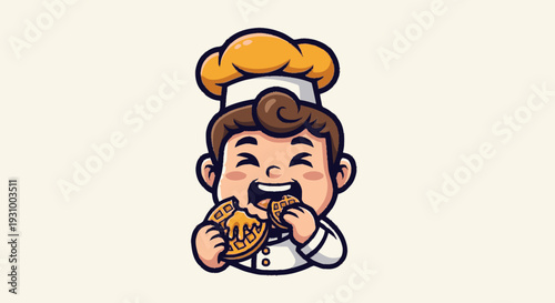 Cartoon Chef Eating Pizza with Delight.
