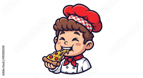 Cartoon Chef Eating Pizza Slice.