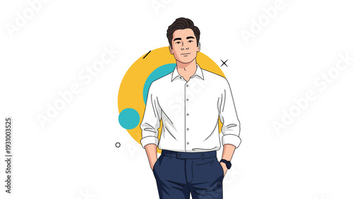 Confident young man in a white shirt and navy trousers standing with hands in pockets against a graphic background.