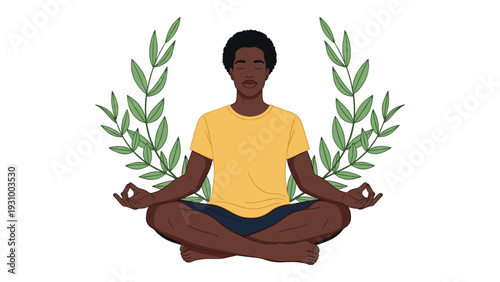 Black man practicing yoga and meditation in lotus pose with green leafy branches behind him for peace and wellness.