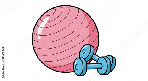 Fitness illustration featuring a pink exercise ball and blue dumbbells on a plain background from a straightforward viewpoint