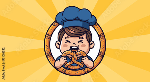 Cartoon Chef Eating Pretzel in Circle.