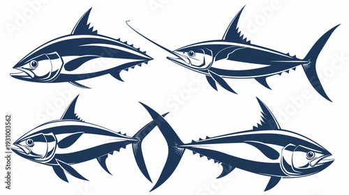 A group of tuna fishes in dark blue and white, artistic illustration, isolated on white background