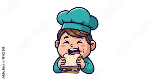 Cartoon Chef Eating Sandwich with Delight.