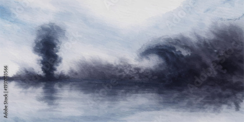 Dramatic grey clouds drift over a dark overcast sky as thick white fog settles above the water in this moody black and white nature landscape