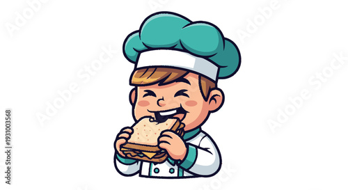 Cartoon Chef Eating Sandwich with Delight.