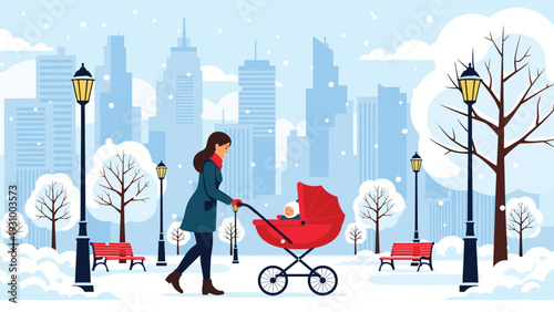 Young mother walking with her baby in a red stroller in a snowy park with city skyline in the background.