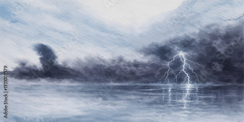 A dramatic sunrise breaks through the misty fog over the river as golden light illuminates the mountain landscape and calm water beneath a blue cloudscape horizon