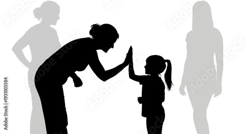 Mother and daughter giving each other a high-five in a moment of joy and celebration with silhouetted figures in the background