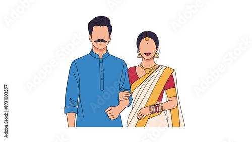 Indian couple in traditional attire with a man in a blue kurta and a woman in a white and gold sari.