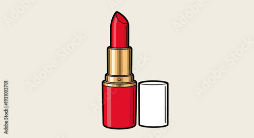 A red lipstick tube with its cap removed, standing upright on a plain background, viewed from the front.