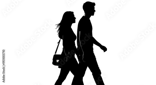 Couple walking together in profile view, silhouetted against a bright background, capturing a serene moment in a casual stroll