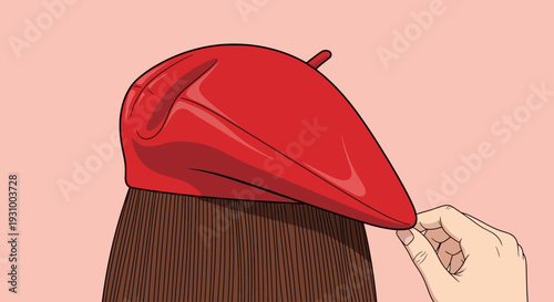 A hand adjusts a red beret on a person's head with brown hair, viewed from behind
