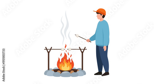 Man cooking over an open flame on a camping trip in the great outdoors viewed from the side