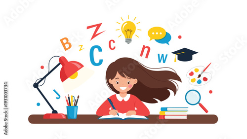 Young girl studying at her desk with books a lamp and creative symbols floating above representing learning and imagination.