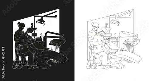 Dentists and patients in a dental clinic from a side viewpoint