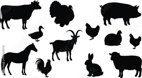 Farm Animal Silhouettes Collection with Cow, Pig, Goat, Sheep, Horse, Chicken and Duck Isolated on White Background
