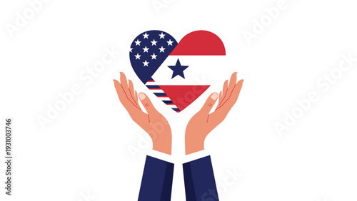 Hands holding a heart shaped flag of the United States of America for patriotism and national pride celebration.
