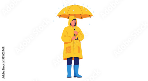 Woman wearing yellow raincoat and blue boots holding umbrella on a rainy day