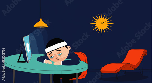 Exhausted businessman suffering from burnout and stress, working late at night in a dark office with a headache and mental fatigue.