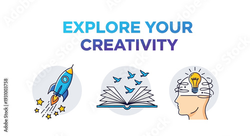 A creative scene featuring a rocket, an open book, and a lightbulb, symbolizing imagination and innovation