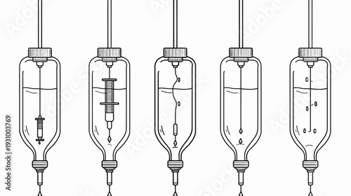 Linear illustration of medical IV bags, containing different components and states, black and white