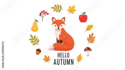 Hello autumn illustration with a cute red fox sitting inside a wreath of forest fruits berries and fall leaves.