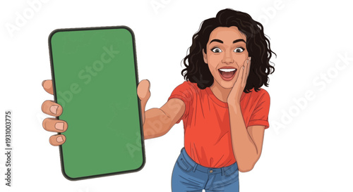 Excited Woman Showing Phone Green Screen