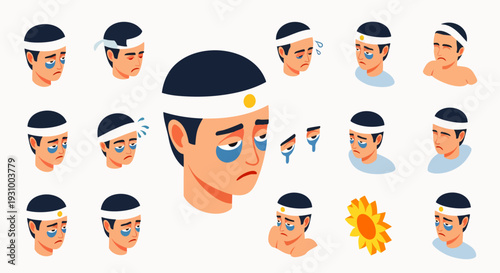 Comprehensive vector illustration set of a man experiencing various head-related ailments: headache, migraine, head injury, exhaustion, and discomfort.