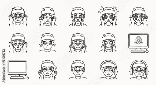 Monochrome line art icons of a person with a bandaged head, depicting headache, injury, illness, stress, discomfort, and recovery, with computer screen.