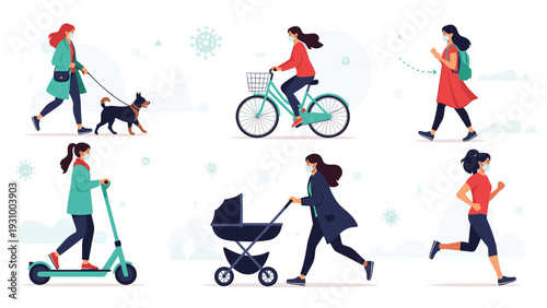 Set of women in face masks doing various outdoor activities like cycling running and walking with a baby stroller.