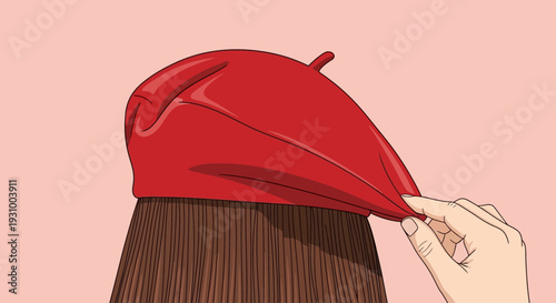 A hand adjusts a red cap on a person's head from behind, depicted in a simple illustration.