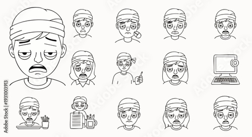 Collection of outline vector icons illustrating various states of fatigue, exhaustion, sickness, and stress in people, showing tired eyes, headaches, and overwork symptoms.