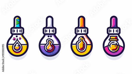 Four stylized dropper bottle illustrations. Various filled flasks with different colored liquids and decorative details