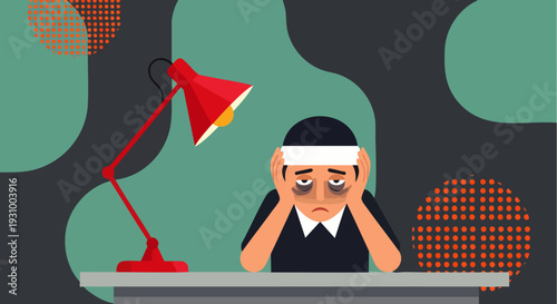 Exhausted businessman suffering from burnout and stress at work, feeling overwhelmed and tired, struggling with mental fatigue and pressure under the desk lamp.