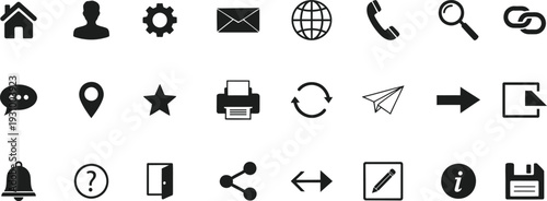 Collection of black interface icons on white background home user