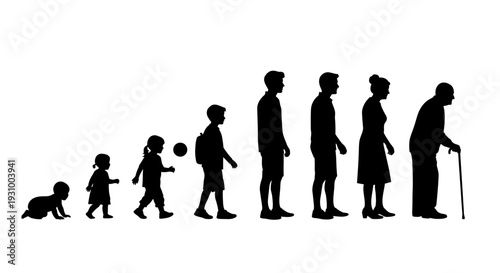 Silhouettes of human figures at different life stages from infancy to old age walking in a line