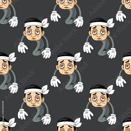Seamless pattern of a tired, sick cartoon man with a bandage on his head, depicting illness, fatigue, and emotional distress on a dark background, vector illustration.