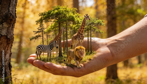 
Realistic image of a hand holding the forest, animals