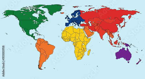 A colorful world map illustration highlighting different regions and continents from a global viewpoint