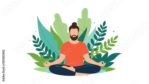 Bearded man sits in lotus position practicing mindfulness and yoga outdoors surrounded by many lush green tropical leaves.