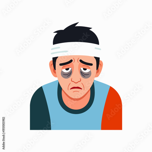 Exhausted Man with Headache and Dark Circles Under Eyes, Wearing Head Bandage, Depicting Fatigue, Stress, and Poor Health